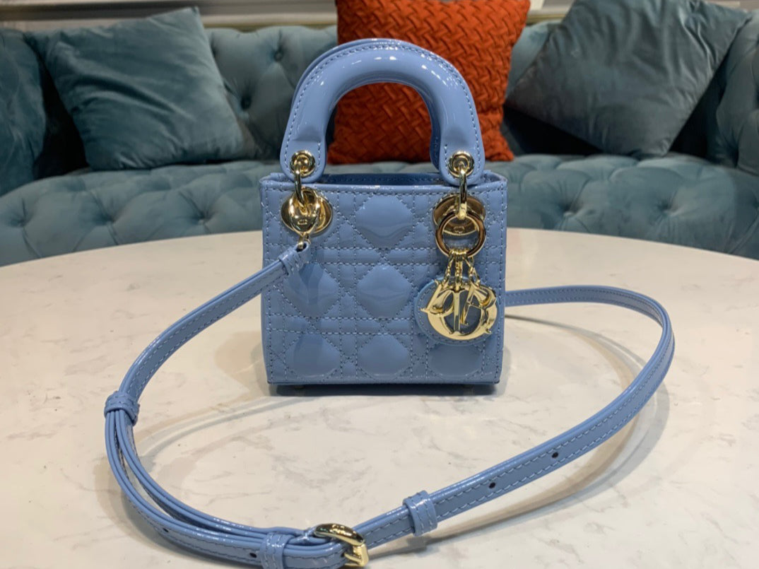 Dior Lady Dior Mini Chain Bag with Chain in Light Blue Patent Calfskin