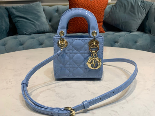 Dior Lady Dior Mini Chain Bag with Chain in Light Blue Patent Calfskin