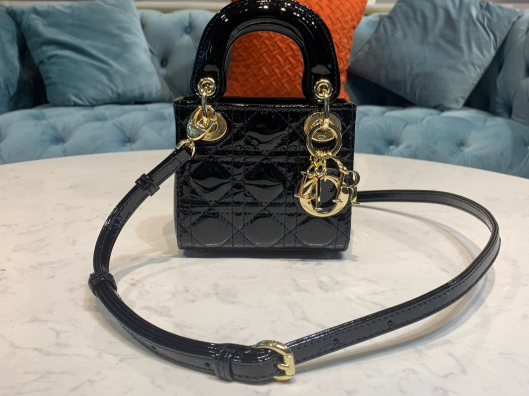 Dior Lady Dior Mini Chain Bag with Chain in Black Patent Calfskin