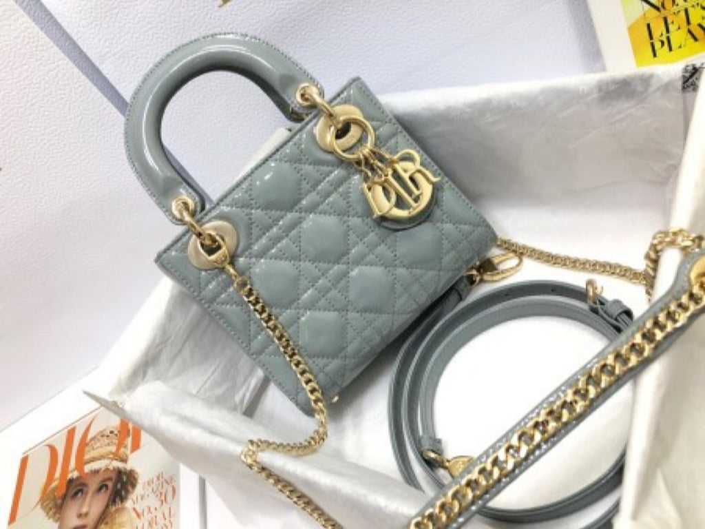 Dior Lady Dior Mini Chain Bag with Chain in Grey Patent Calfskin