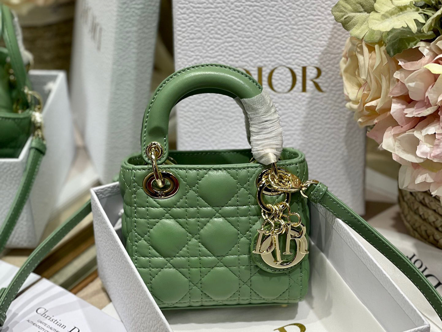 Dior Lady Dior Mini Chain Bag With Chain In Green Calfskin