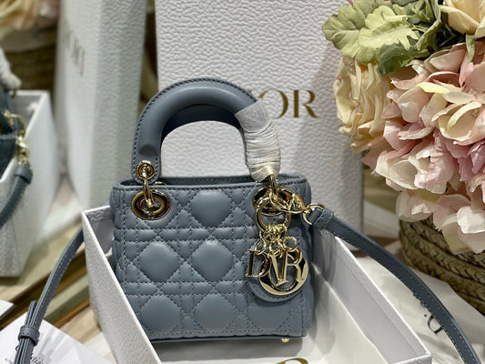 Dior Lady Dior Mini Chain Bag With Chain In Haze Blue Calfskin