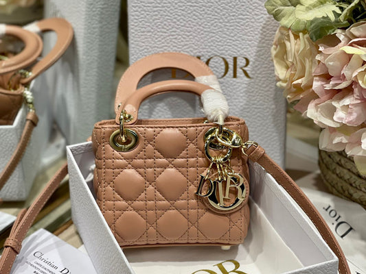 Dior Lady Dior Mini Chain Bag With Chain In Light Pink Calfskin