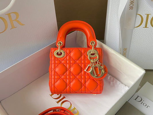 Dior Lady Dior Mini Chain Bag With Chain In Orange Calfskin