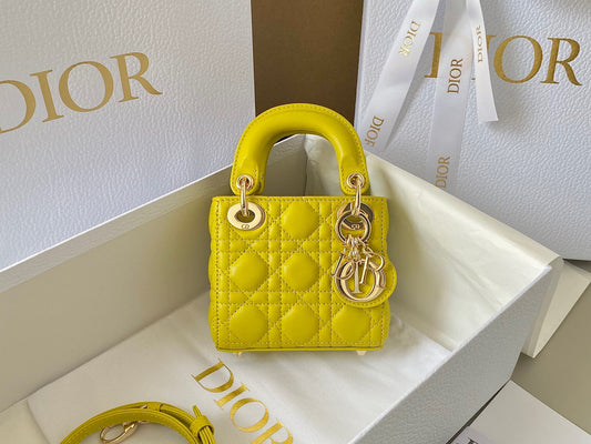 Dior Lady Dior Mini Chain Bag With Chain In Yellow Calfskin