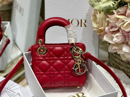 Dior Lady Dior Mini Chain Bag With Chain In Red Calfskin