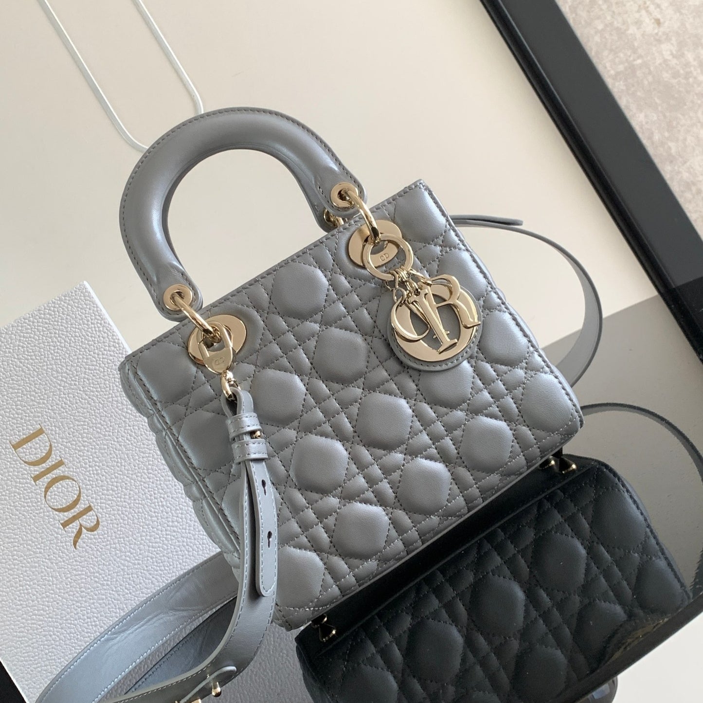 Dior Small Lady  Bag In Gray Cannage Lambskin