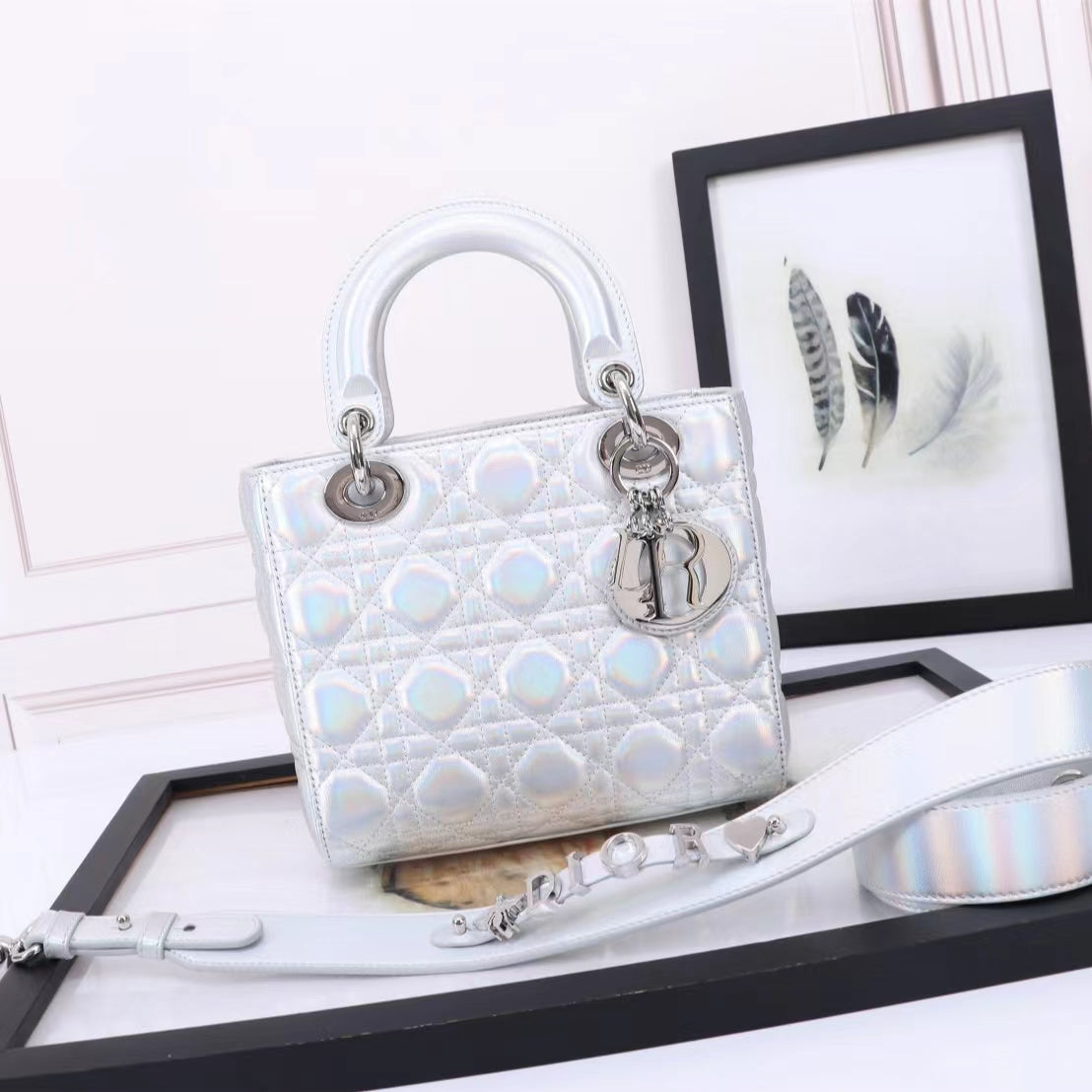 Dior Small Lady  Bag In Silver Cannage Lambskin