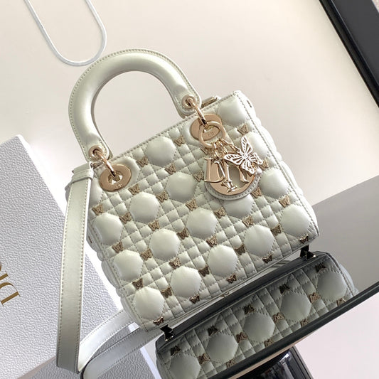 Dior Lady Dior Small Bag In White Calfskin with Diamond Motif