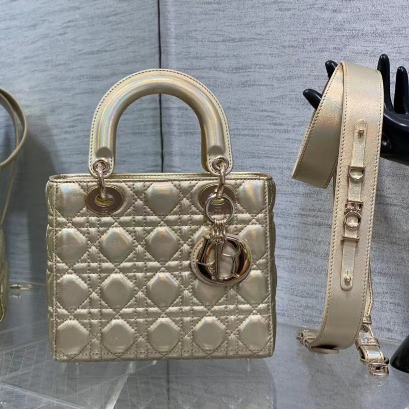 Dior Small Lady  Bag In Gold Cannage Lambskin