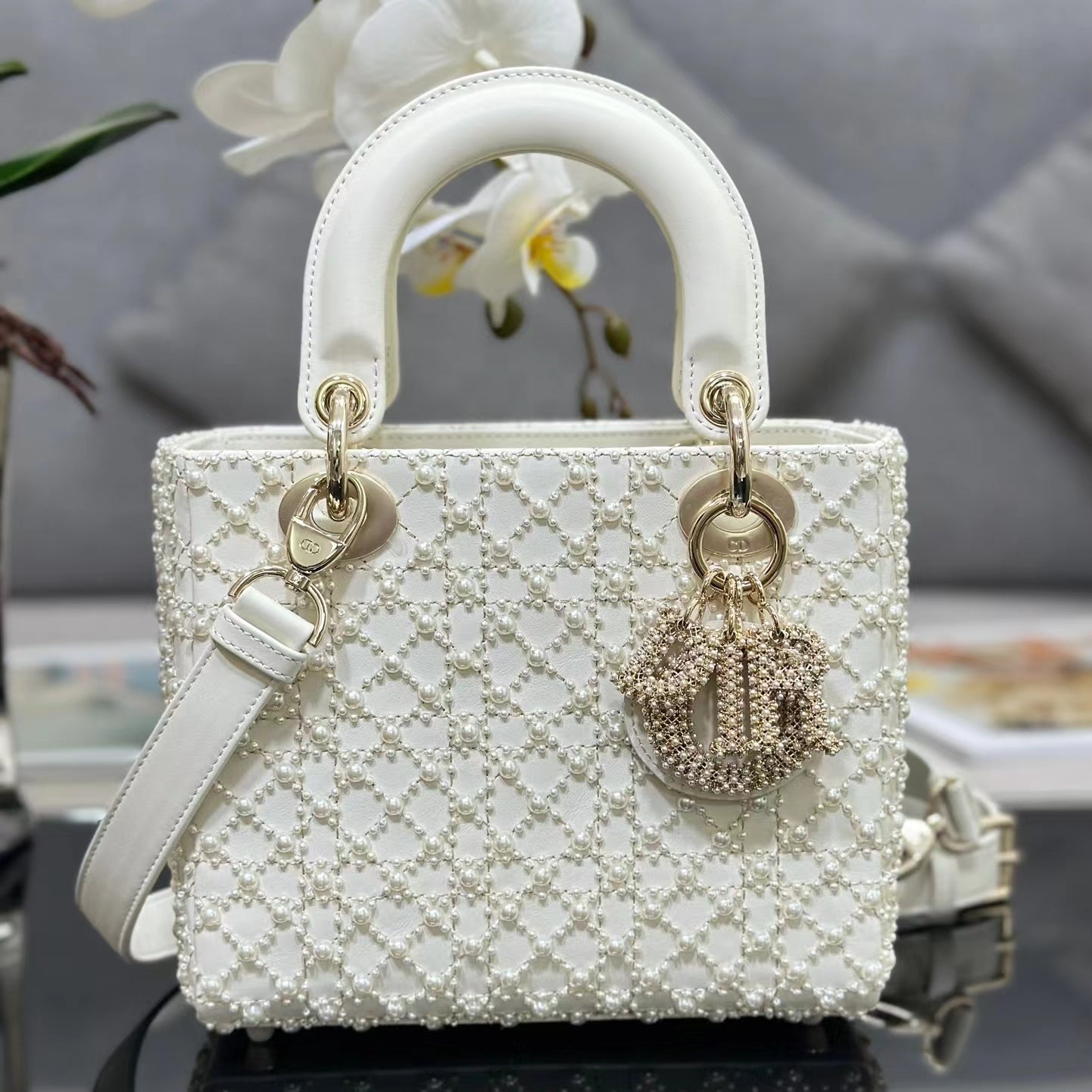 Dior Small Lady In White Pearl Princess Diana Bag With Lambskin