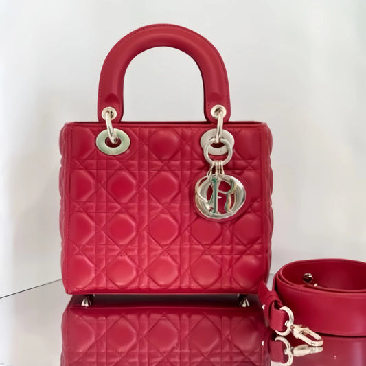 Dior Small Lady  Bag In Red Cannage Lambskin