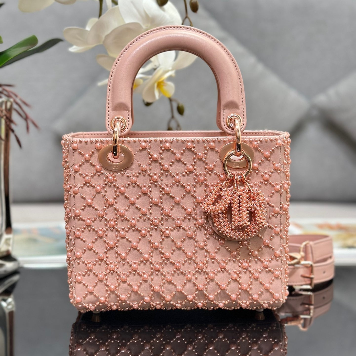 Dior Small Lady In Pink Pearl Princess Diana Bag With Lambskin