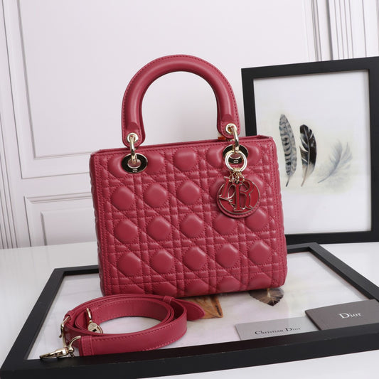 Dior Lady Medium Bag In Rose Red Cannage Lambskin