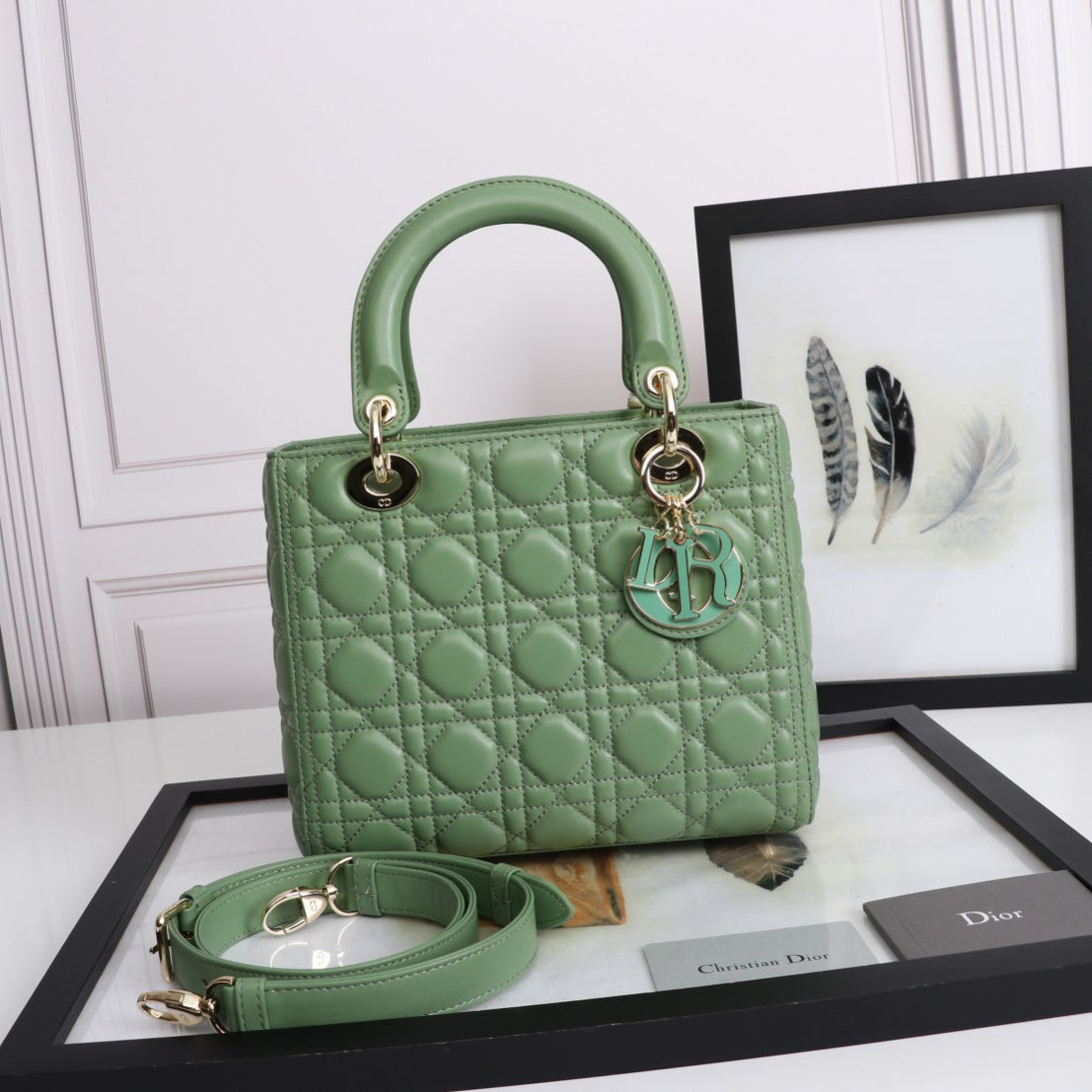 Dior Lady Medium Bag In Green Cannage Lambskin