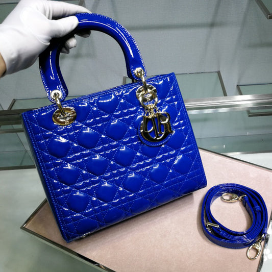 Dior Lady Medium Chain Bag In Dark Blue Patent Calfskin