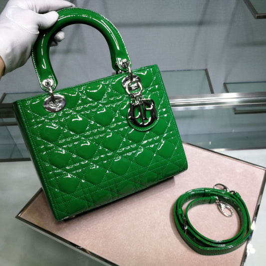 Dior Lady Medium Chain Bag In Green Patent Calfskin