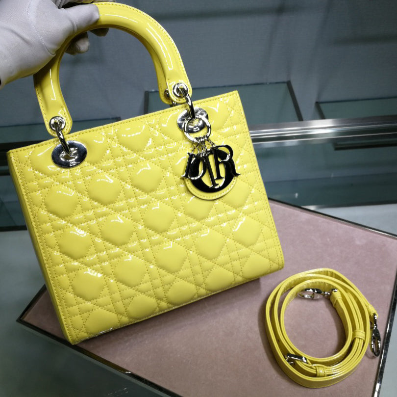 Dior Lady Medium Chain Bag In Yellow Patent Calfskin