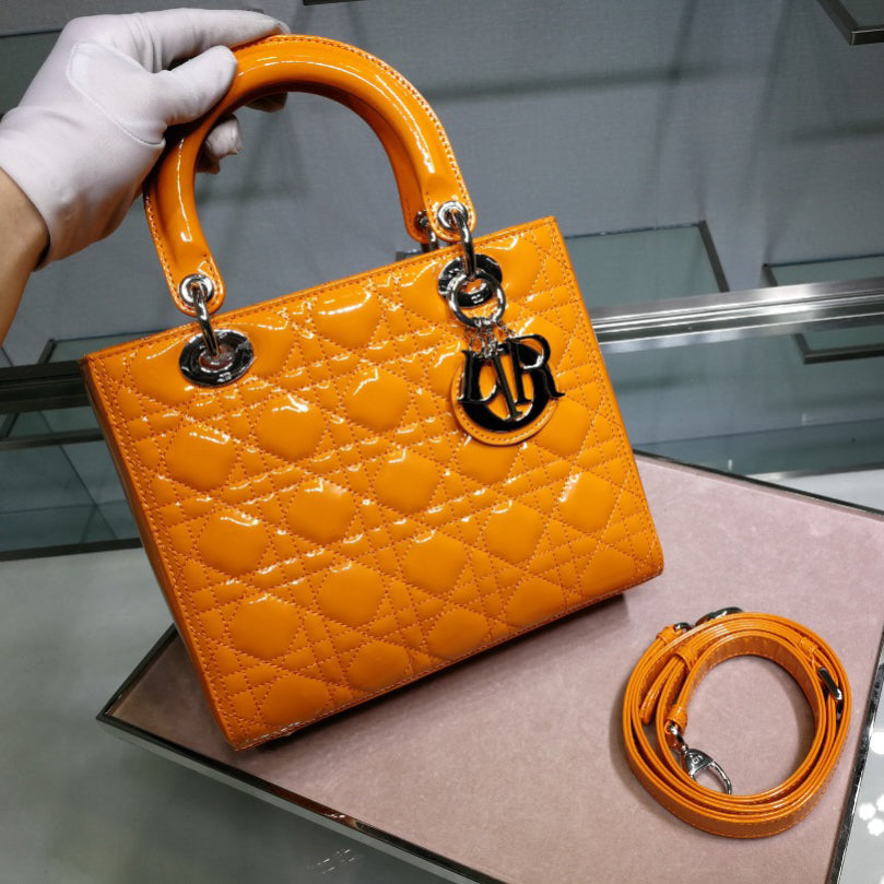 Dior Lady Medium Chain Bag In Orange Patent Calfskin