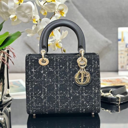 Dior Lady Medium Bag In Black Small Fragrant Style Rhombus Wool