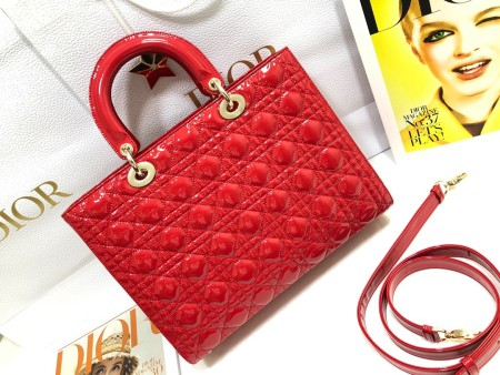 Dior Lady Dior Large Bag In Red Patent Cannage Calfskin