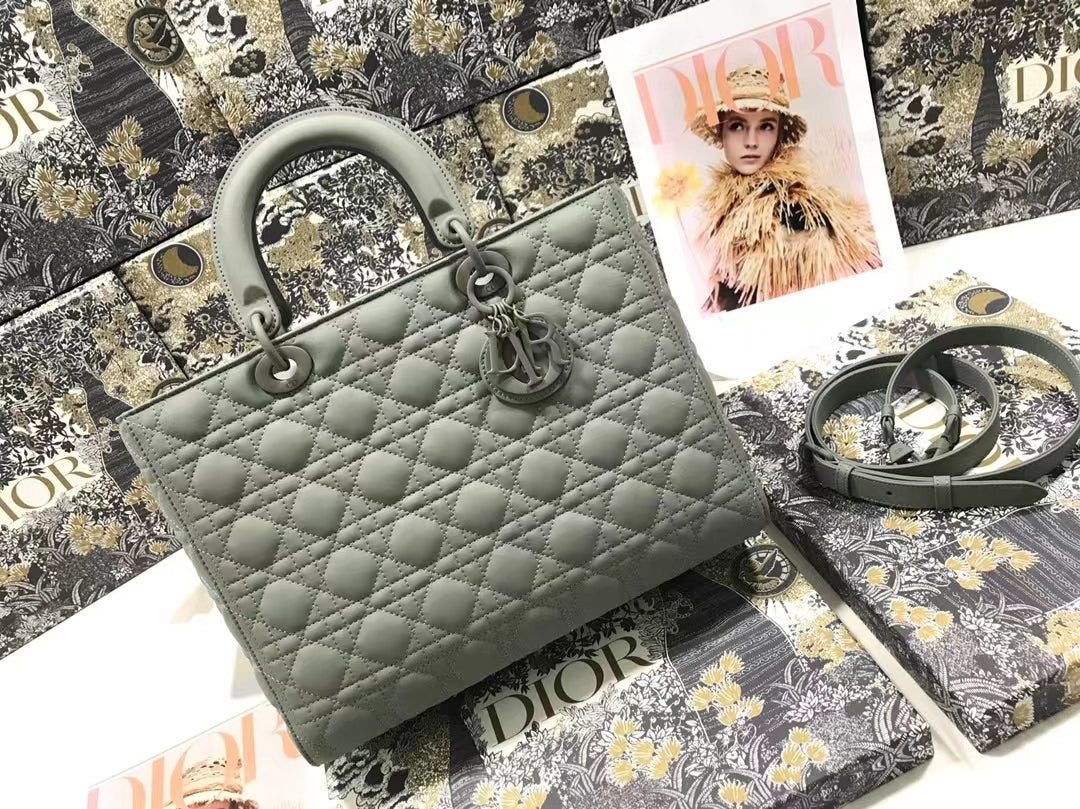 Dior Lady Dior Large Bag In Gray Cannage Lambskin