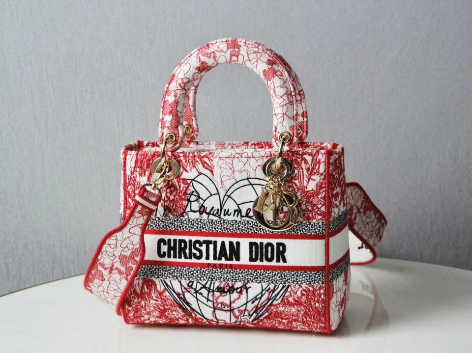 Dior Lady D-Lite Medium Bag In Red Toile de Jouy Embroidery