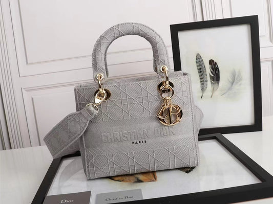 Dior Lady D-Lite Medium Bag In Gray Cannage Embroidered Canvas