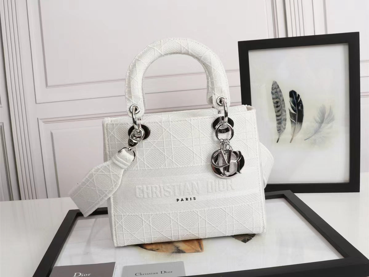 Dior Lady D-Lite Medium Bag In White Cannage Embroidered Canvas