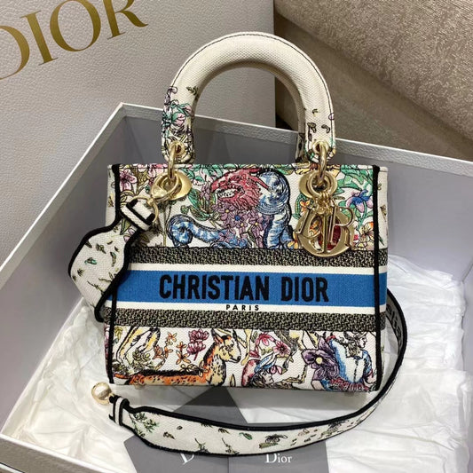 Dior Lady D-Lite Medium Bag In Three-dimensional Embroidery Five-Frame Zoo Canvas