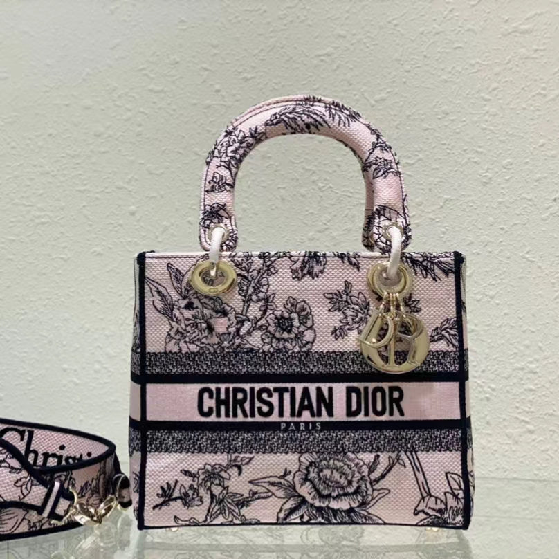 Dior Lady D-Lite Medium Bag In Powder Jardin Botanique Embroidery