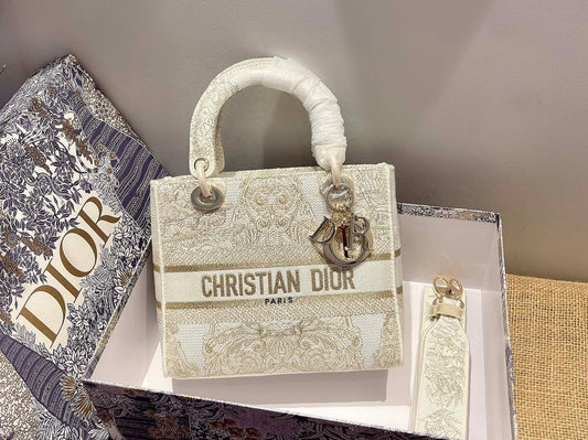 Dior Lady D-Lite Medium Bag In Gold Toile de Jouy Embroidery