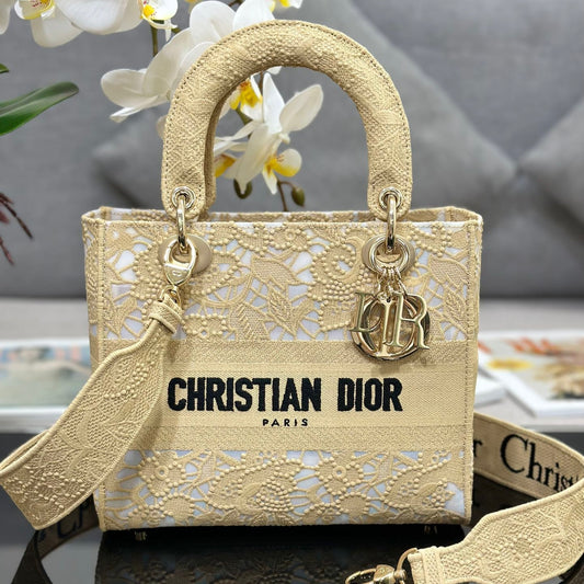 Dior Lady D-Lite Medium Bag in Beige Embroidery with Macrame Effect