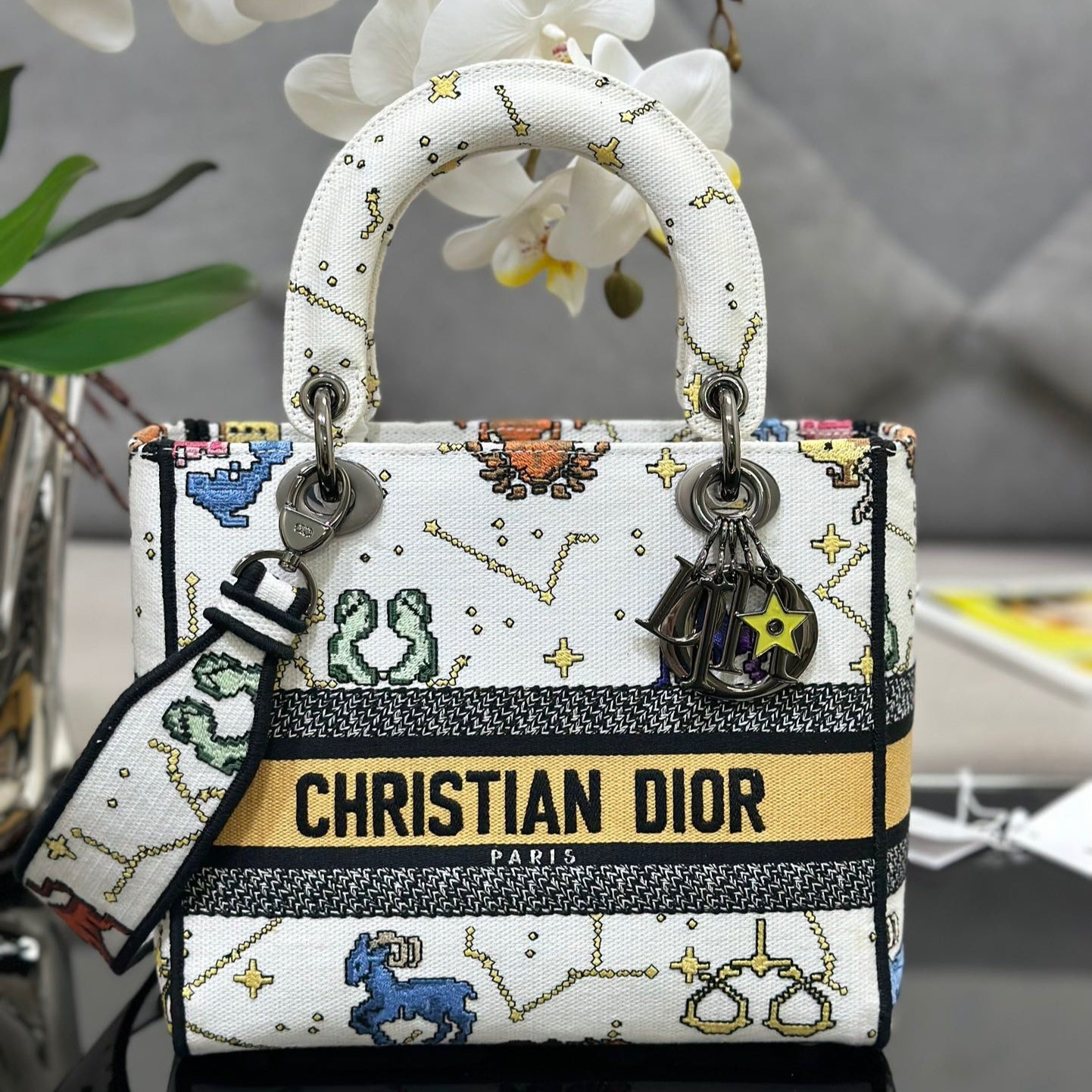 Dior Lady D-Lite Medium Bag In White Pixel Zodiac Embroidery