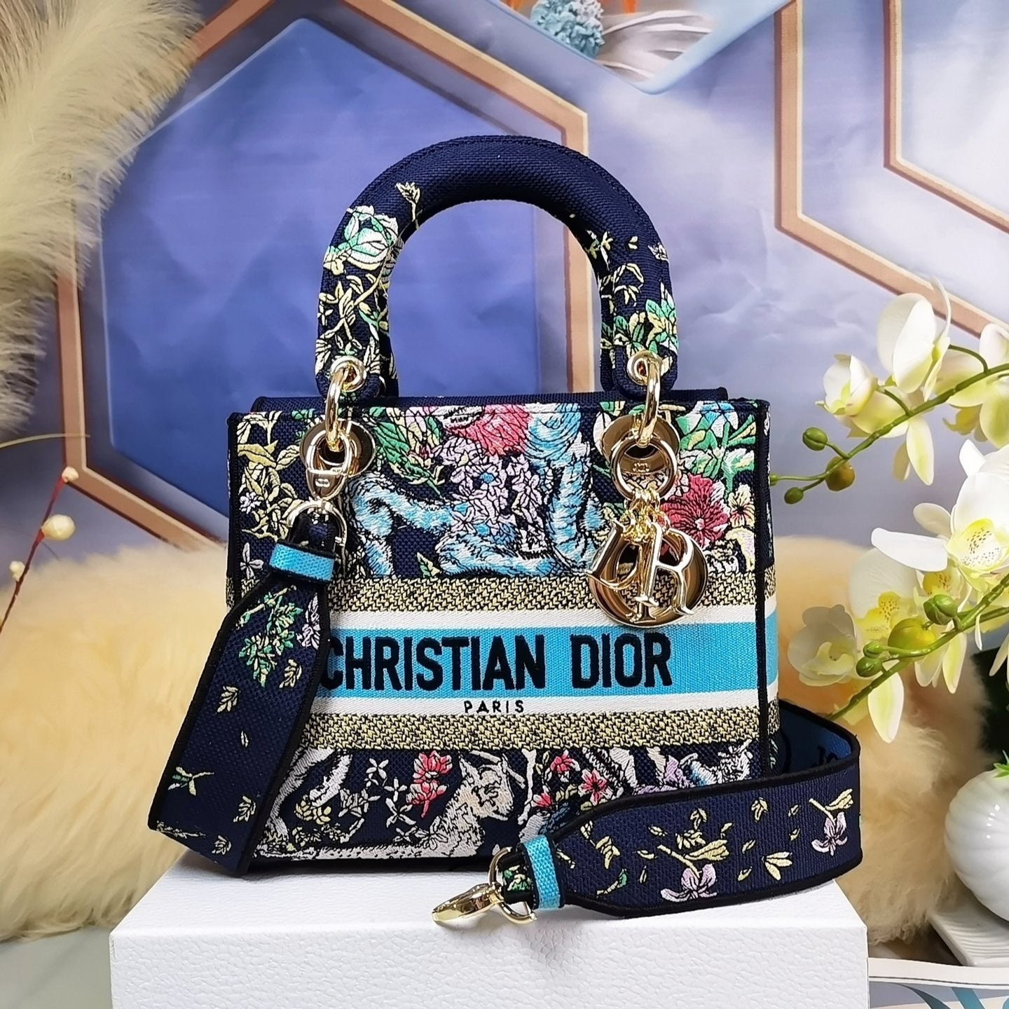 Dior Lady D-Lite Medium Bag In Animal Garden Series Embroidery