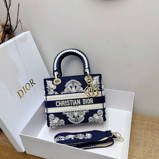 Dior Lady D-Lite Medium Bag In Dark Blue Toile de Jouy Embroidery