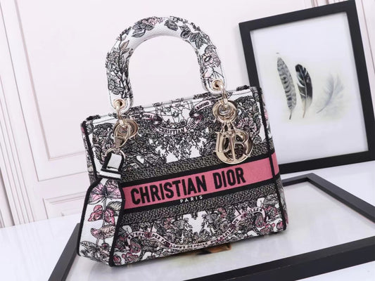 Dior Lady D-Lite Medium Bag In Pink Buterfly Embroidery