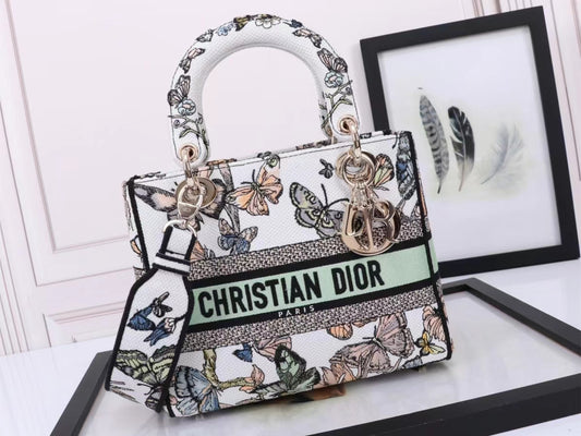 Dior Lady D-Lite Medium Bag In Light Green Butterfly Embroidery