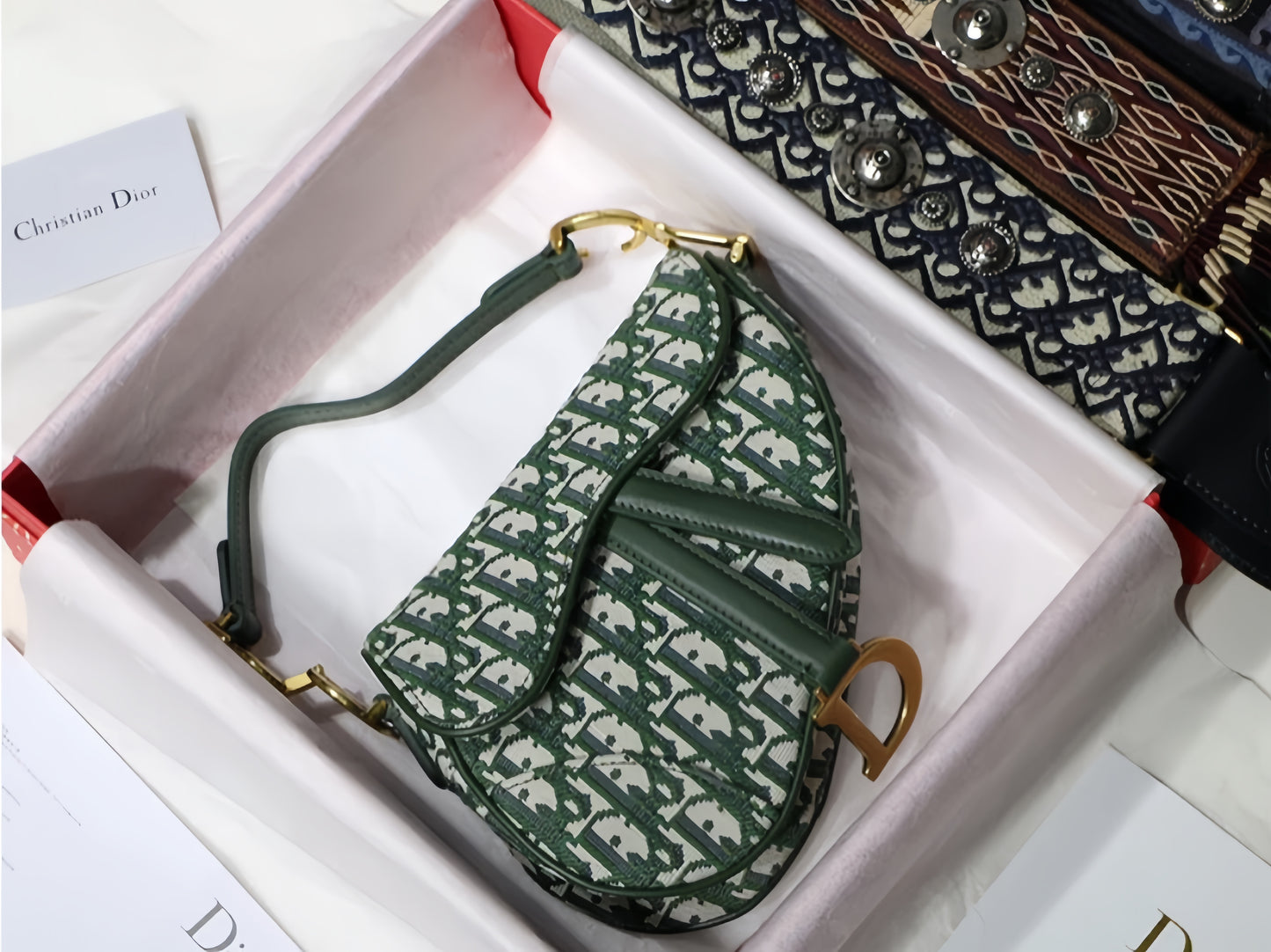 Dior Saddle Bag with Strap in Green Oblique Jacquard