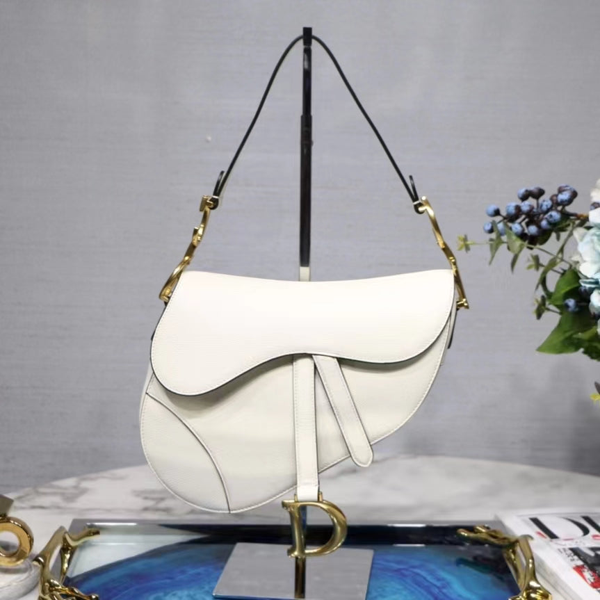 Dior Saddle Bag with Strap in White Grained Calfskin