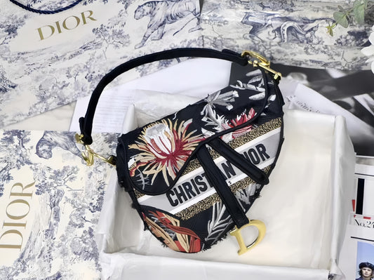 Dior Saddle Bag In Black With Floral Embroidery