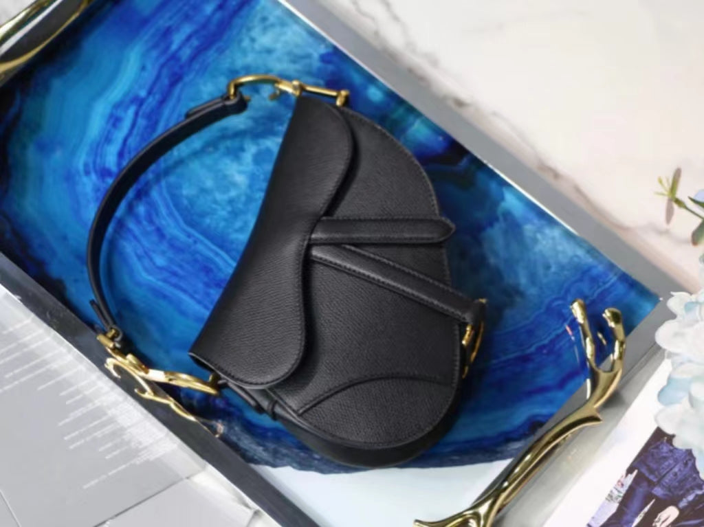 Dior Saddle Bag with Strap in Black Grained Calfskin