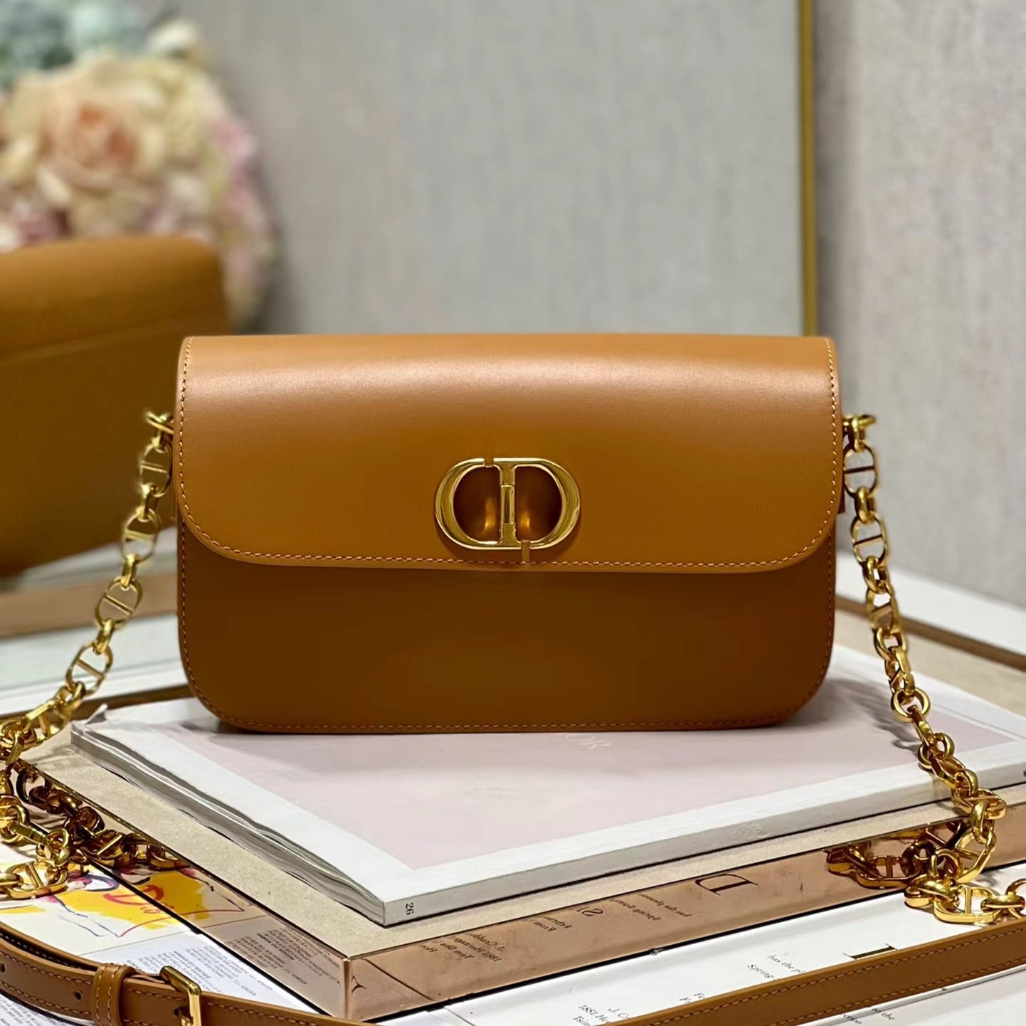 Dior 30 Montaigne Avenue Bag In Gold Brown Box Calfskin