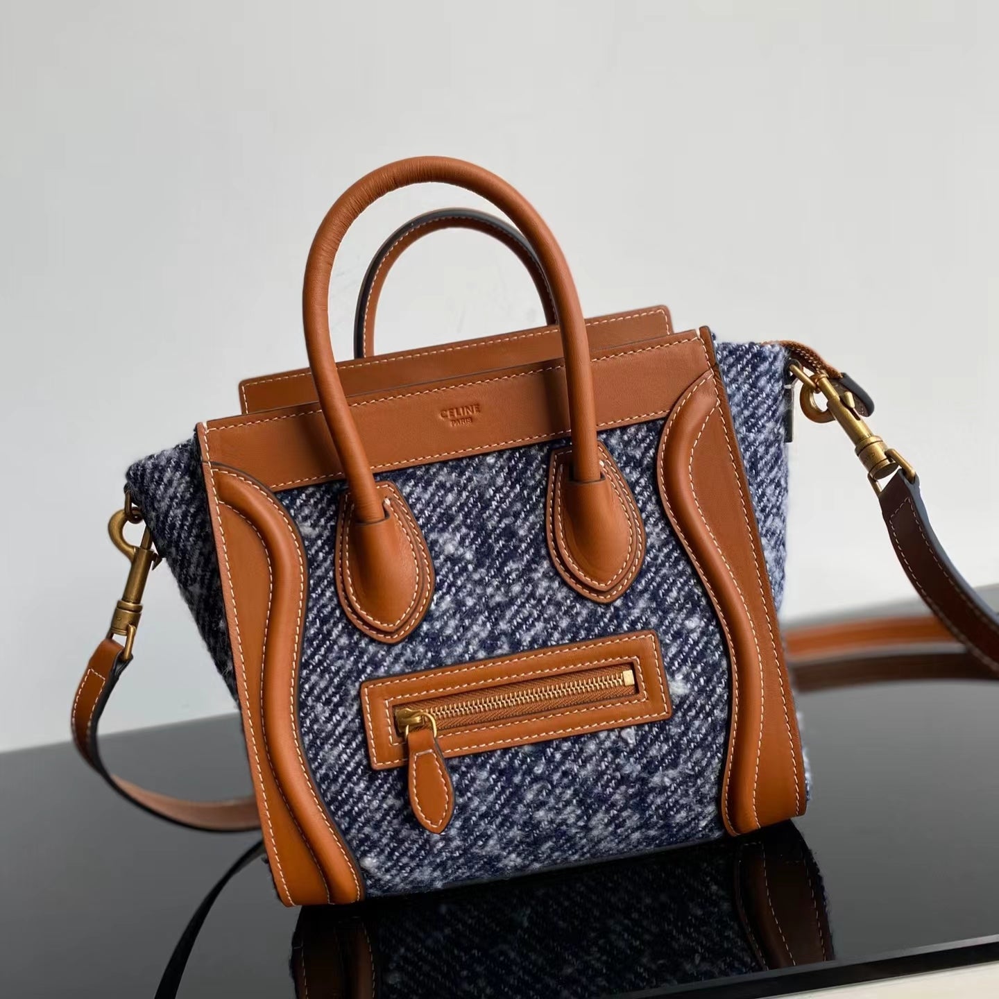 Celine Nano Luggage Tote Bag In Blue With Brown Handle