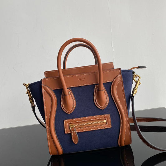 Celine Nano Luggage Tote Bag In Dark Blue With Brown Handle