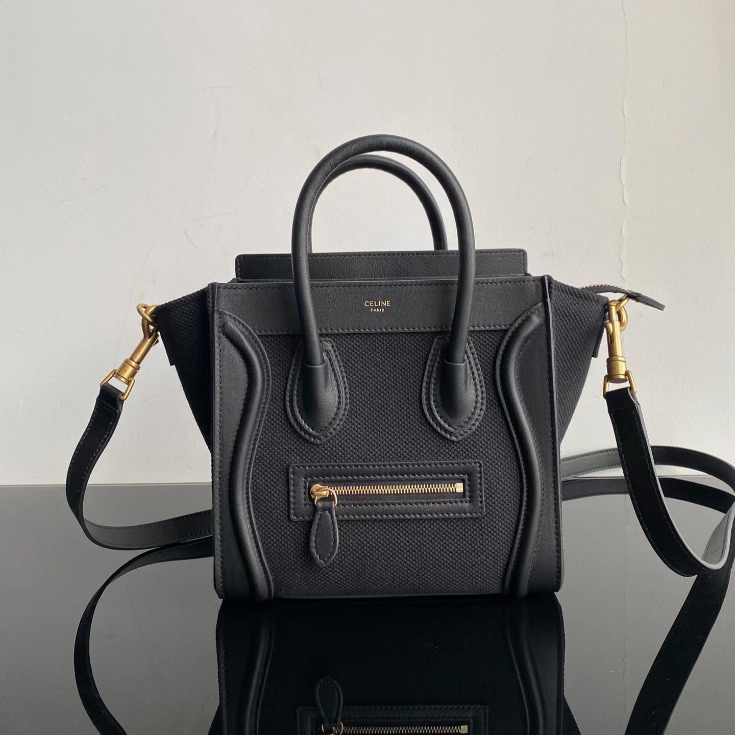 Celine Nano Luggage Tote Bag In Black Drummed Calfskin