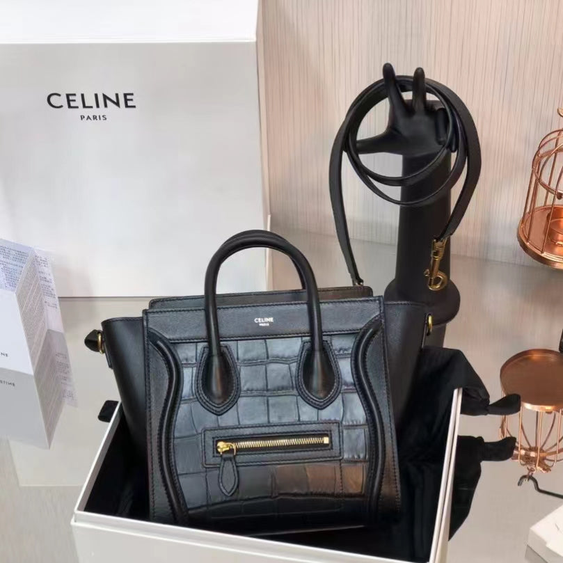 Celine Nano Luggage Tote Bag In Black Drummed Crocodile Leather