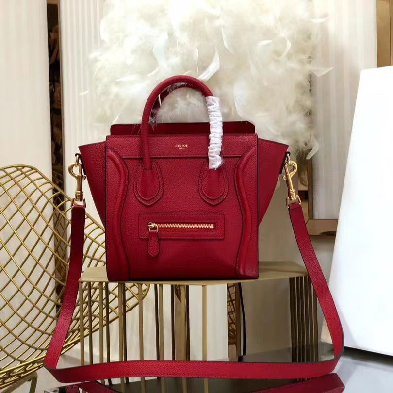 Celine Nano Luggage Tote Bag In Red Drummed Calfskin