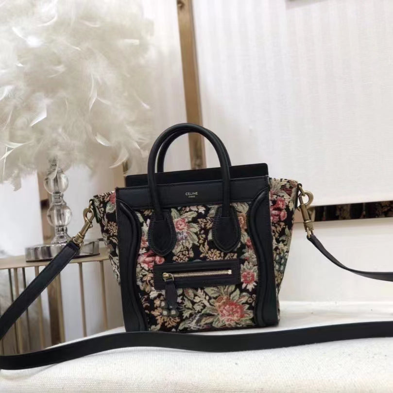 Celine Nano Luggage Tote Bag In Flower And Bird Embroidery