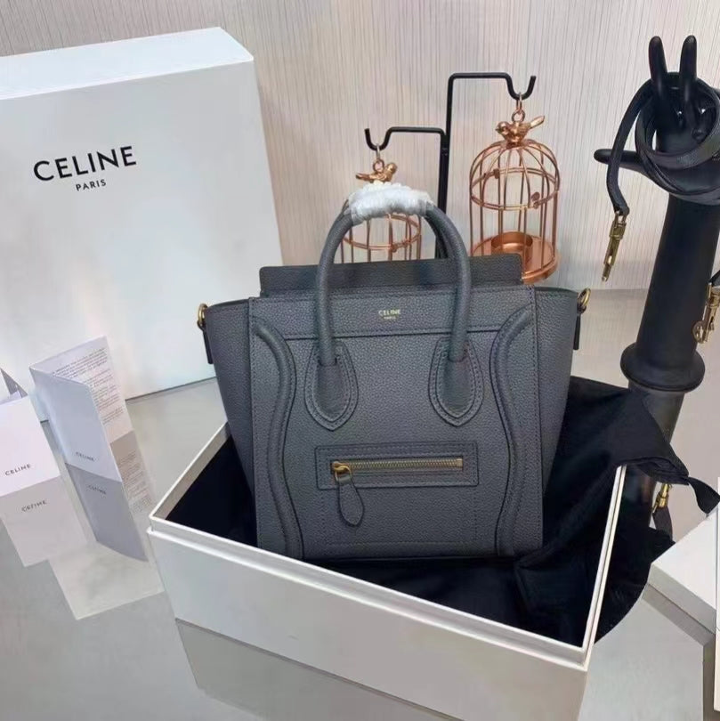 Celine Mini Luggage Tote Bag In Dark Gray Drummed Calfskin